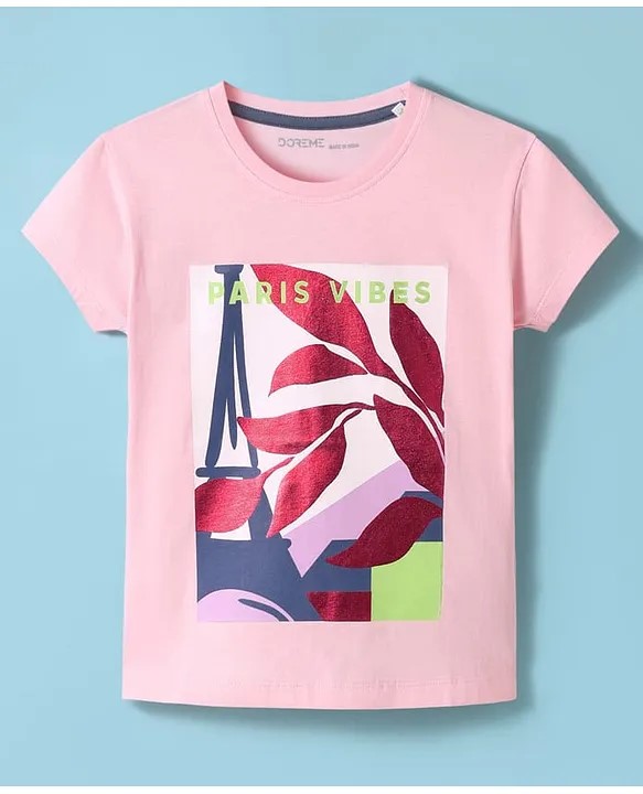 DoreMe Doreme Single Jersey Knit Half Sleeves T-Shirt With Paris Is Vibe Text & Foil Print - Pink